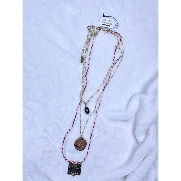 NEW Free People Lenker Layered Necklace In Red Braided Gold Charm Bohemian Chain - Picture 4 of 5